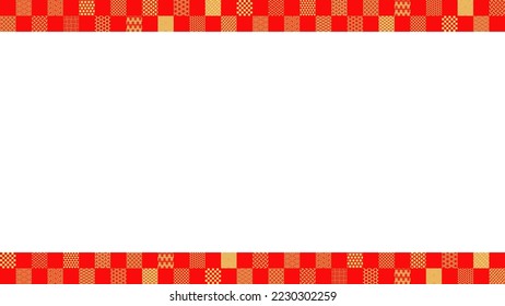 Top and bottom frame illustration of red and gold checkered squares with various Japanese traditional patterns