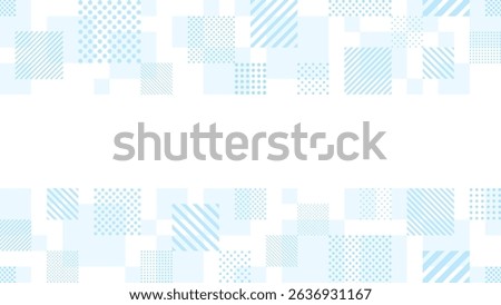 Top and bottom frame of light blue random squares with dots and stripes