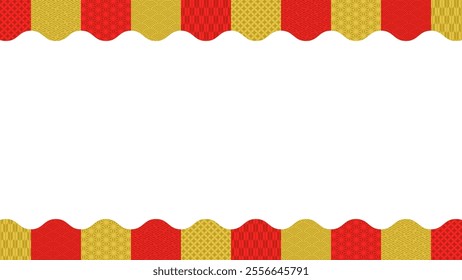 Top and bottom frame with wavy stripes of various Japanese patterns in red and gold