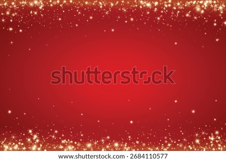 Top and bottom golden glitter lights on red background. Falling glowing particles. Sparkling magic glow frame for celebration, birthday, wedding, Christmas or New Year. Vector.