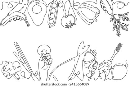  Top and bottom pattern  with Food and Utensils. One line art Style. Background on cooking theme. Can be also yused like vector Frame, Banner, Flyer, graphic Border.