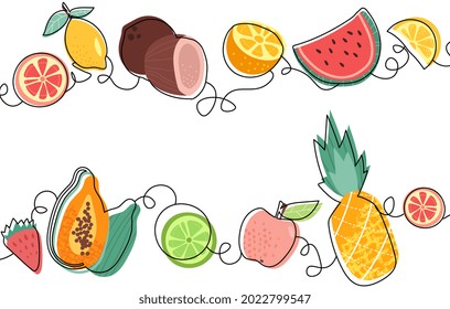Top and bottom seamless fruit patterns on white background. Colorful fruits and empty space for text between. Frame with organic food. Flat cartoon vector illustration