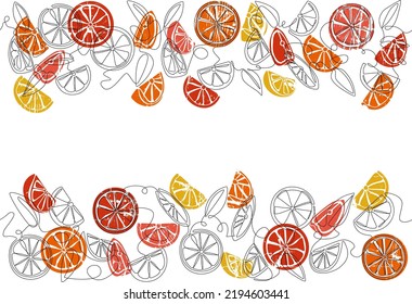 Top and bottom seamless patterns with citrus. Background with pieces of oranges, grapefruits and lemons. Vector frame.