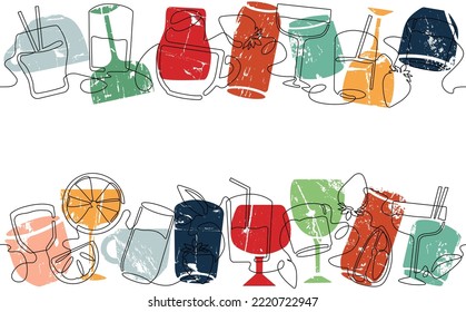 Top and bottom seamless  patterns with drinks. Repeated horizontally. Vector frame.