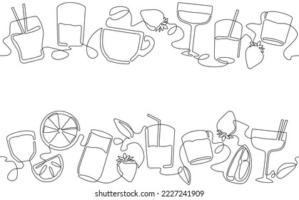 Top and bottom seamless  patterns with drinks. Repeated horizontally. Vector frame.