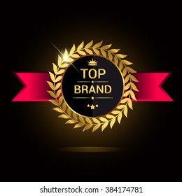 Top brand award label golden colored with ribbon and crown, vector illustration.