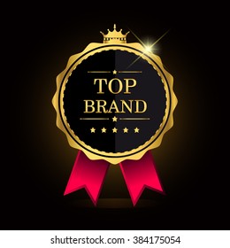 Top brand award label golden colored with ribbon and crown, vector illustration.