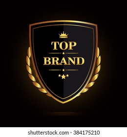 Top brand award label golden colored with ribbon and crown, vector illustration.