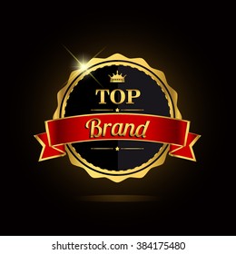 Top brand award label golden colored with ribbon and crown, vector illustration.