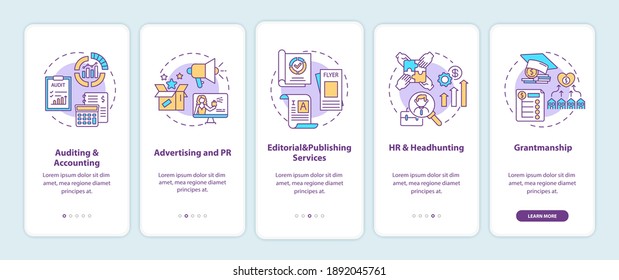 Top business consulting services onboarding mobile app page screen with concepts. Auditing, advertising and PR walkthrough 5 steps graphic instructions. UI vector template with RGB color illustrations