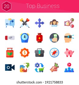 top business icon set. 20 flat icons on theme top business. collection of suitcase, ticket, piggy bank, financial, rating, augmented reality, commerce, network, compass