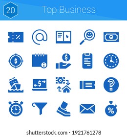 top business icon set. 20 filled icons on theme top business. collection of Ticket, Funnel, Coupon, Phone book, Calendar, Stopwatch, Arroba, Info, Learning, Money, Target