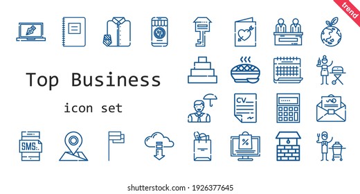 top business icon set. line icon style. top business related icons such as ceramic, news, calendar, online shopping, smartphone, flag, mail, suit and tie, calculating, portable