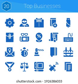 top businesses icon set. 20 filled icons on theme top businesses. collection of Cd, Placeholder, Law, Notebook, Keyboard, Invitation, Satellite, Barrier, Graphic tablet, Pendrive