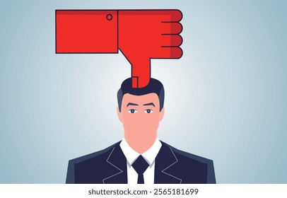 the top of a businessman's head being held down by a downward thumb