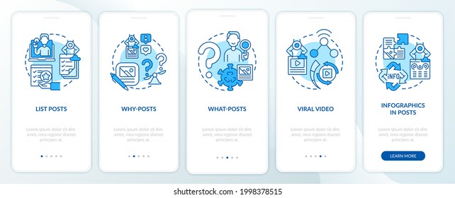 Top buzzworthy posts types onboarding mobile app page screen. Lists, what-posts walkthrough 5 steps graphic instructions with concepts. UI, UX, GUI vector template with linear color illustrations