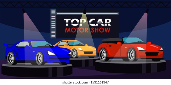 Top car motor show flat vector illustration. Luxury auto performance. Vehicles in showroom.