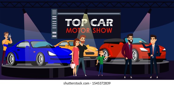 Top car motor show flat vector illustration. Luxury auto performance. Rich people choosing automobile cartoon characters. Vehicles in showroom. Wealthy man buying expensive sport car