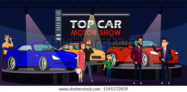 Top car\
motor show flat vector illustration. Luxury auto performance. Rich\
people choosing automobile cartoon characters. Vehicles in\
showroom. Wealthy man buying expensive sport\
car