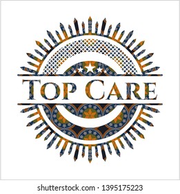 Top Care arabic badge background. Arabesque decoration.