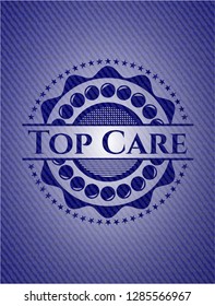 Top Care badge with denim background