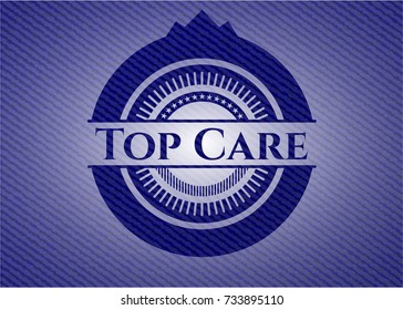 Top Care badge with denim background