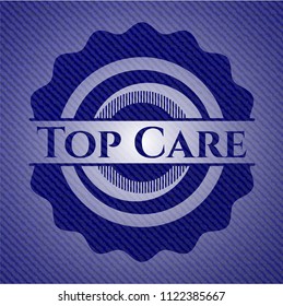 Top Care badge with denim texture