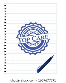 Top Care blue ink pen emblem. Vector Illustration. Detailed.