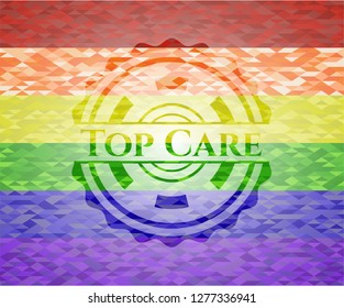 Top Care on mosaic background with the colors of the LGBT flag