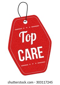 Top Care  red leather label or price tag on white background, vector illustration