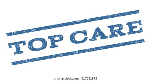 Top Care watermark stamp. Text caption between parallel lines with grunge design style. Rubber seal stamp with dirty texture. Vector cobalt blue color ink imprint on a white background.