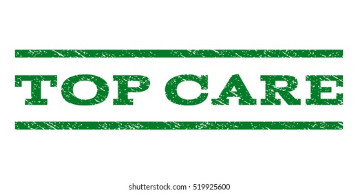 Top Care watermark stamp. Text tag between horizontal parallel lines with grunge design style. Rubber seal stamp with unclean texture. Vector green color ink imprint on a white background.