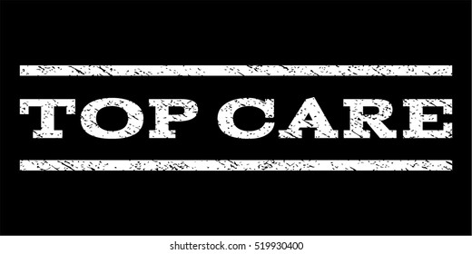 Top Care watermark stamp. Text caption between horizontal parallel lines with grunge design style. Rubber seal stamp with dirty texture. Vector white color ink imprint on a black background.