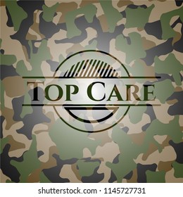 Top Care written on a camouflage texture