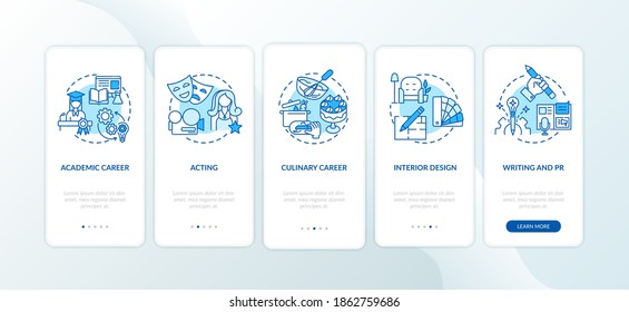 Top careers for creative thinkers onboarding mobile app page screen with concepts. Acting in theatre walkthrough 5 steps graphic instructions. UI vector template with RGB color illustrations