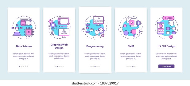 Top careers in IT for creative thinkers onboarding mobile app page screen with concepts. Data science creation walkthrough 5 steps graphic instructions. UI vector template with RGB color illustrations