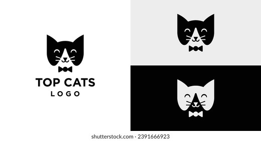 Diseño del logotipo del gato superior. Cat Tie Cool Cat. Ilustración del vector de iconos de símbolo del gato elegante.