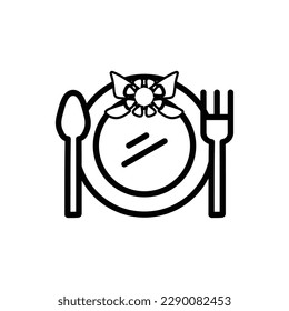 Top choice of Wedding table serving or Wedding plate icon with elements: fork, spoon, plate, flowers. Vector Illustration in trendy thick outline style. Editable graphic resources for many purposes