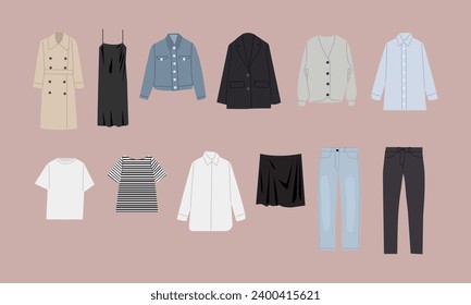 Top Classic wardrobe basics clothes , vector illustration, Fashion winter apparel. Cartoon fall female clothes pants jacket shirt coat hoodie ,