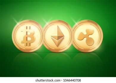 Top Coin of Cryptocurrency. Bitcoin and Ethereum and Ripple. Gold coins on blue backdrop. Vector Illustration