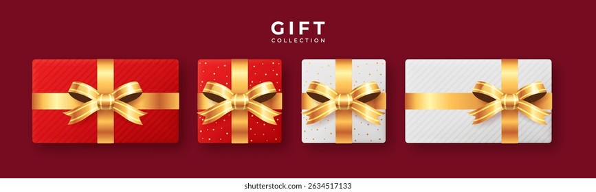 Top collection of beautifully wrapped gift boxes. Realistic present set perfect for festive designs and holiday themes.