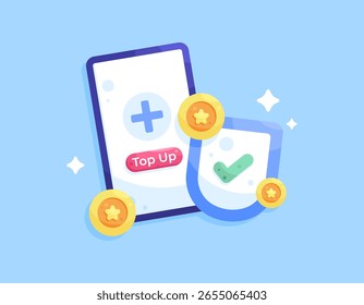 um conceito complementar. Saldo seguro e seguro para cima. Tecnologia móvel e sistemas de segurança. Ilustração de um smartphone com um escudo e moedas. Design de estilo plano. Fundo azul. Ativos do elemento