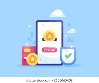 um conceito top up. seguro e seguro equilíbrio top up. Segurança e tecnologia móvel. Ilustração de um smartphone com um escudo, cartão de pagamento e moedas. Design plano. Fundo azul. Ativos do elemento