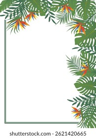 Top corner frame of tropical leaves and bright flowers isolated on white background. Right side frame. Hand drawn vector illustration