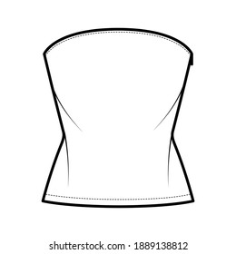 Top crop strapless tube neckline technical fashion illustration with slim fit, waist length. Flat apparel shirt outwear template front, white color. Women men unisex CAD mockup