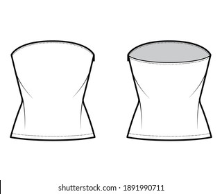 Top crop strapless tube neckline technical fashion illustration with slim fit, waist length. Flat apparel shirt outwear template front, back, white color. Women men unisex CAD mockup