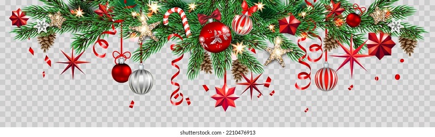 Top decoration with pine tree branches, balls and stars. Winter holiday banner isolated. Template Christmas sample for banners, advertising, leaflet, cards, greeting, invitation and so on.