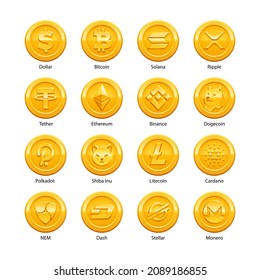 Top of different golden coins with crypto currency simbols. Cryptocurrency signs like bitcoin, etherium, dogecoin etc. Vector illustration