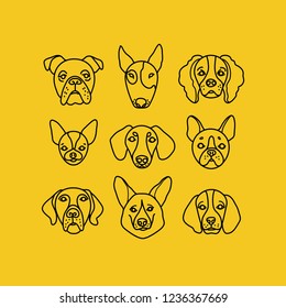 Top dog breeds faces. Pet outline collection. Vector simple line illustration. Puppy set. Dog breeds icon set.