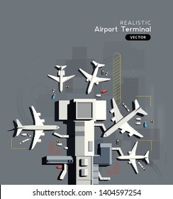 Top Down Aerial View Of A Busy Airport Terminal With Parked Commercial Airplanes. Vector Illustration.